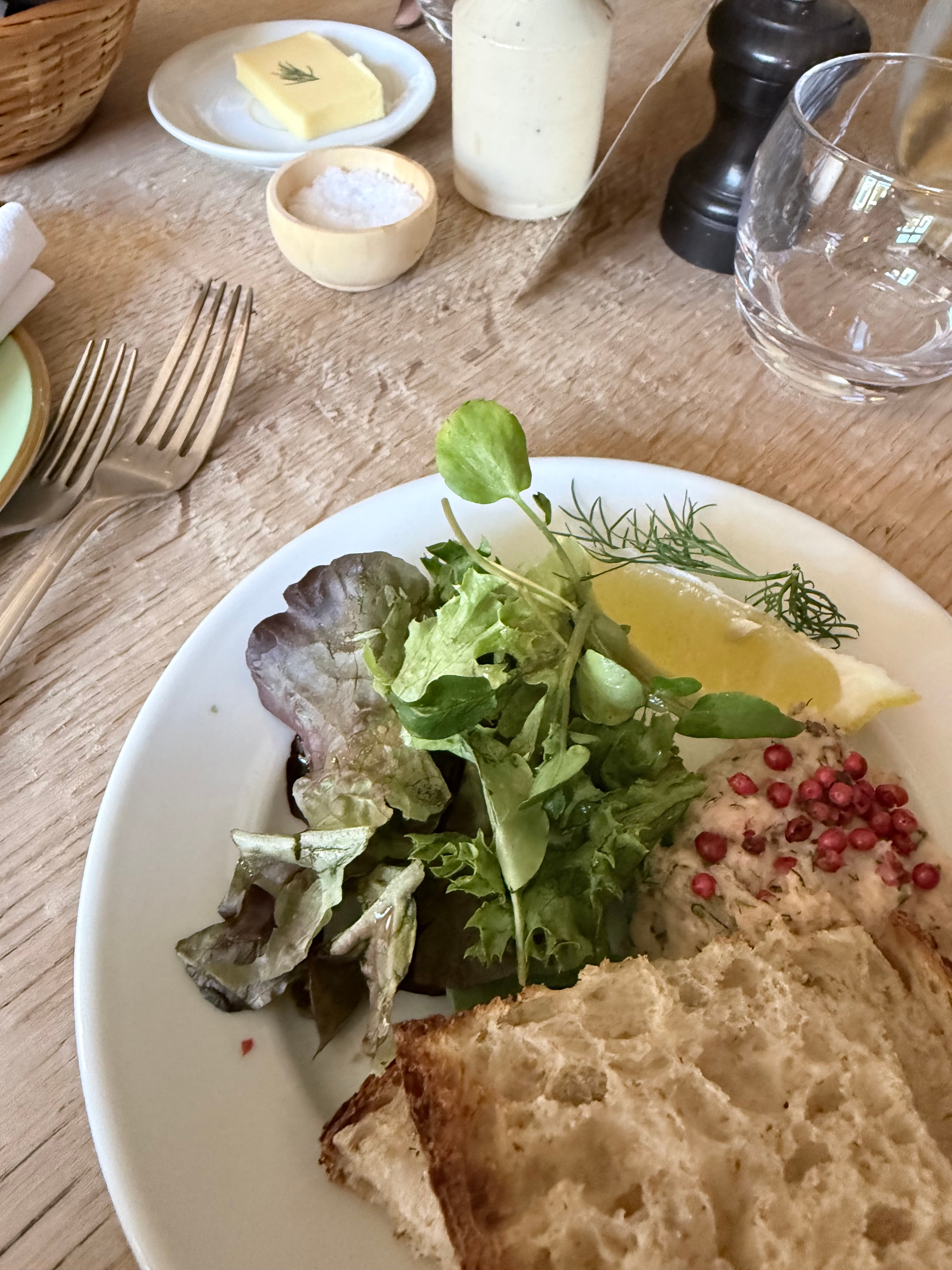 Guest photo: pâté starter with dressed salad and sourdough at The Red Lion, Soham
