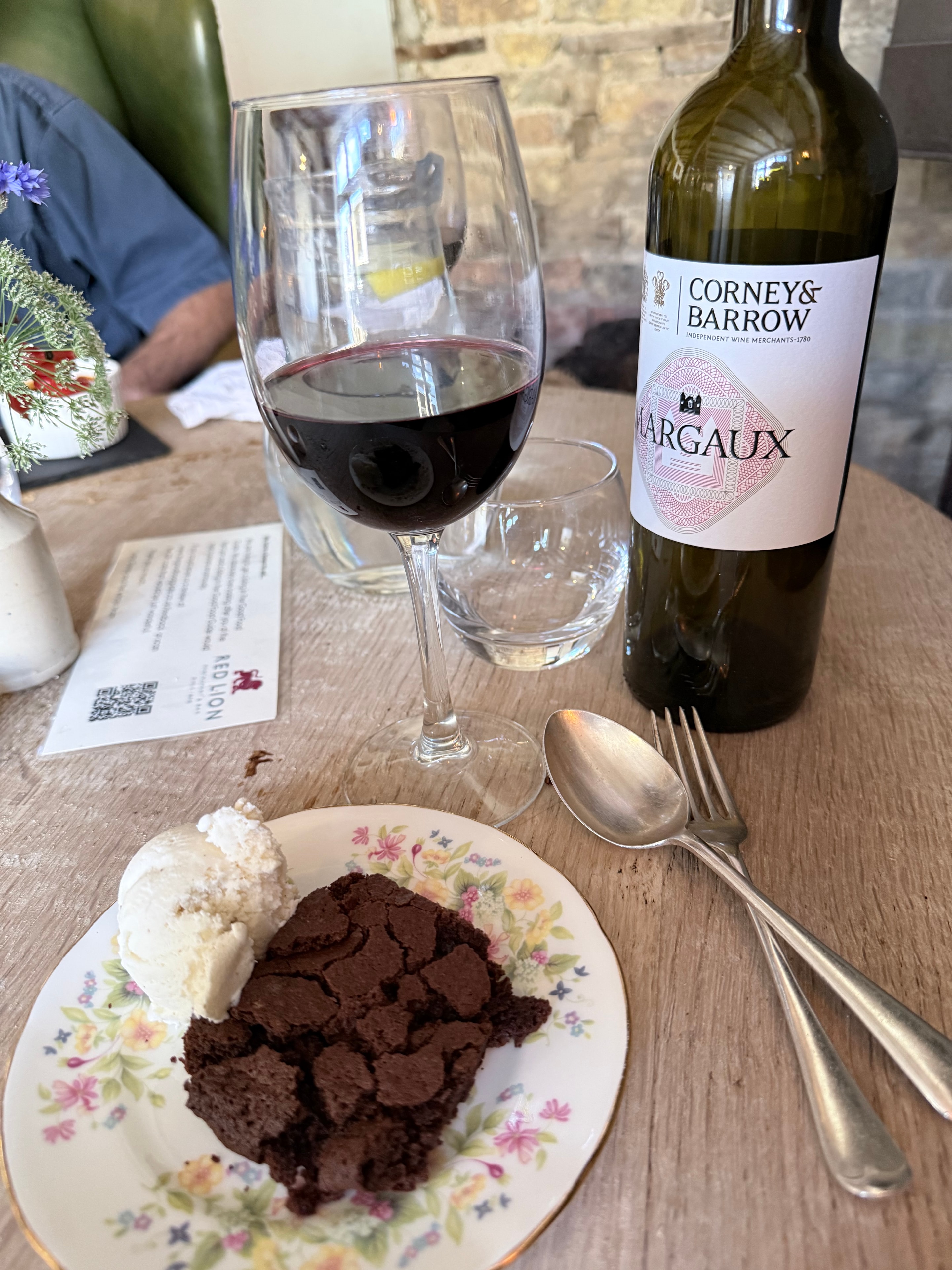 Guest photo: chocolate fondant with Corney & Barrow Margaux red wine at The Red Lion, Soham